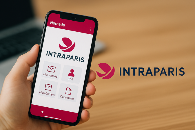Logo IntraParis nomade et application affichée sur smartphone en vue paysage pour un accès mobile aux services RH